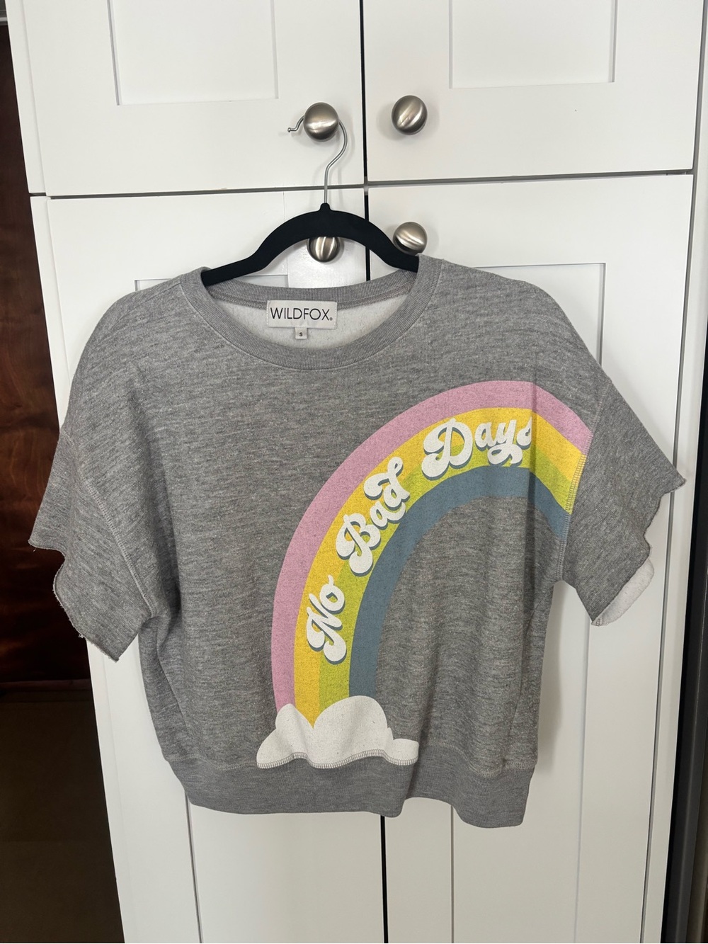 Wildfox Gray Short Sleeve Tee with Pink Yellow and Blue Rainbow "No Bad Days"